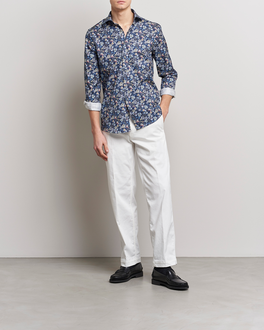 Men | Shirts | Stenströms | Slimline Cut Away Flower Print Shirt Blue