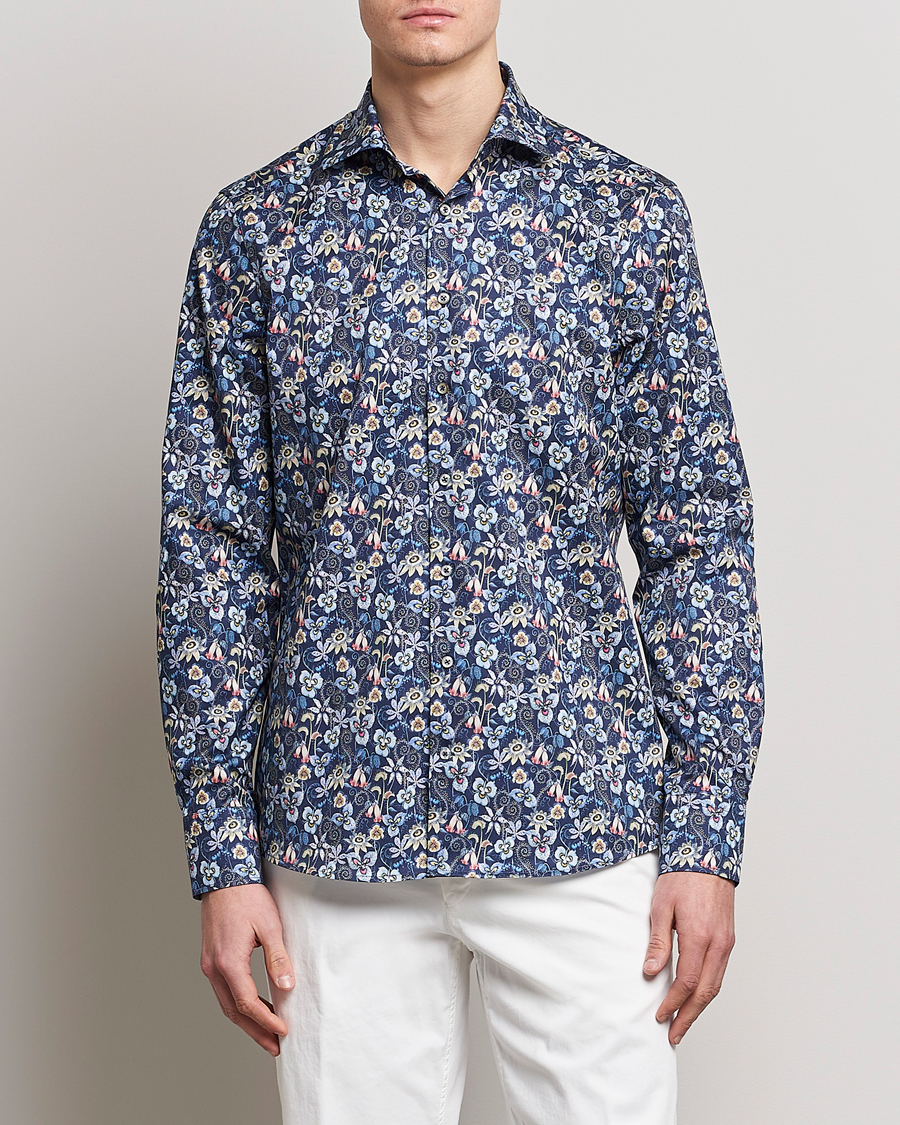 Men | Shirts | Stenströms | Slimline Cut Away Flower Print Shirt Blue