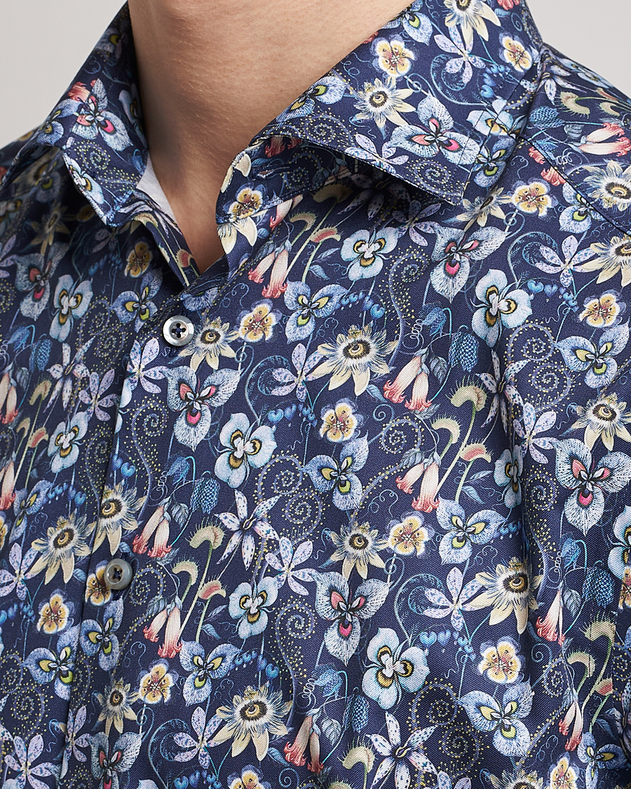 Men | Shirts | Stenströms | Slimline Cut Away Flower Print Shirt Blue