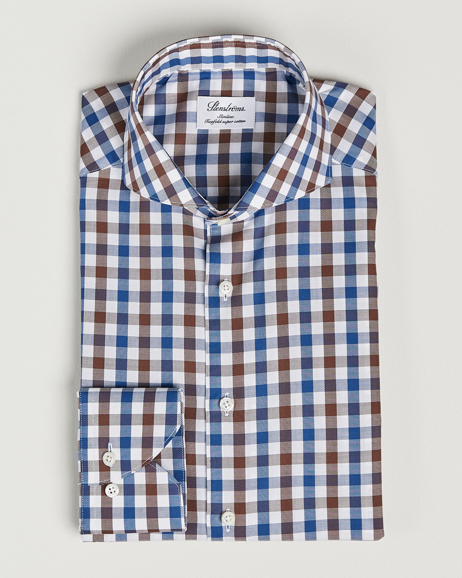 Men | Shirts | Stenströms | Slimline Cut Away Gingham Shirt Brown/Blue