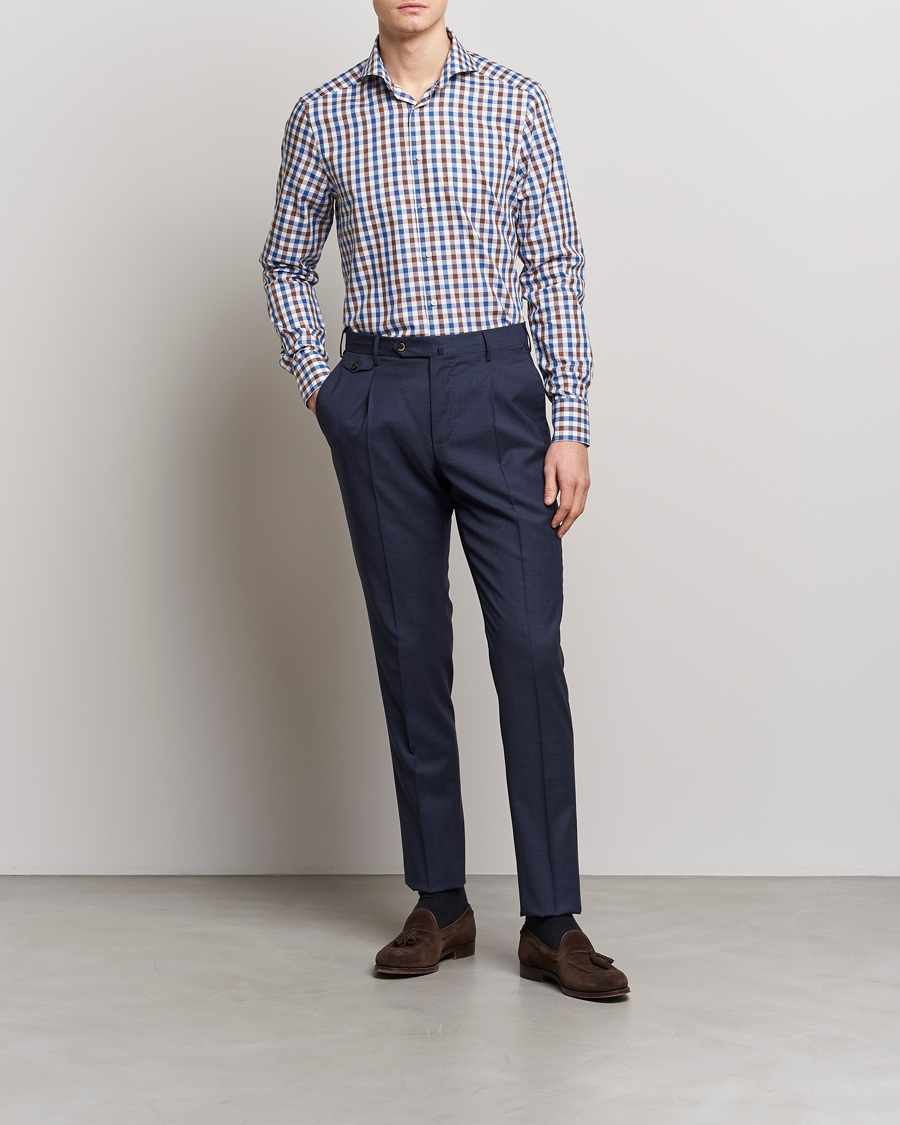 Men | Shirts | Stenströms | Slimline Cut Away Gingham Shirt Brown/Blue