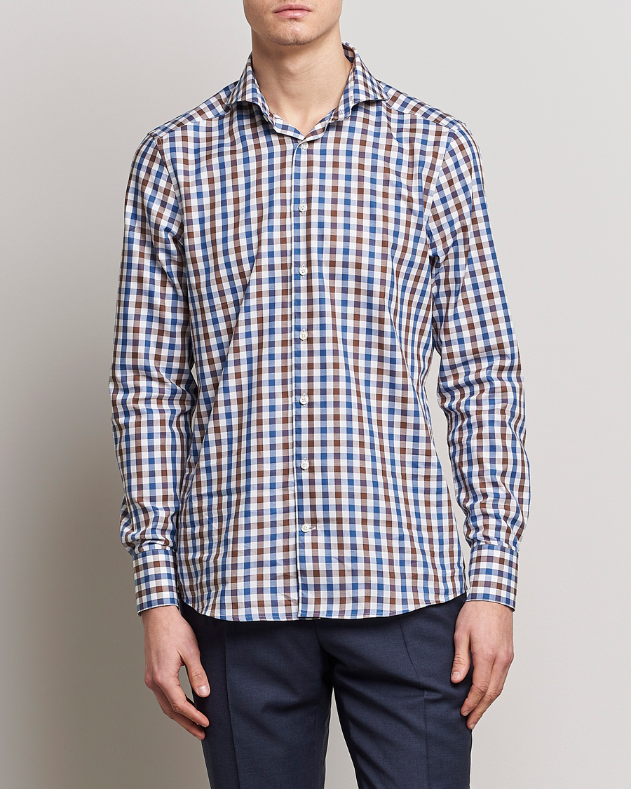 Men | Shirts | Stenströms | Slimline Cut Away Gingham Shirt Brown/Blue