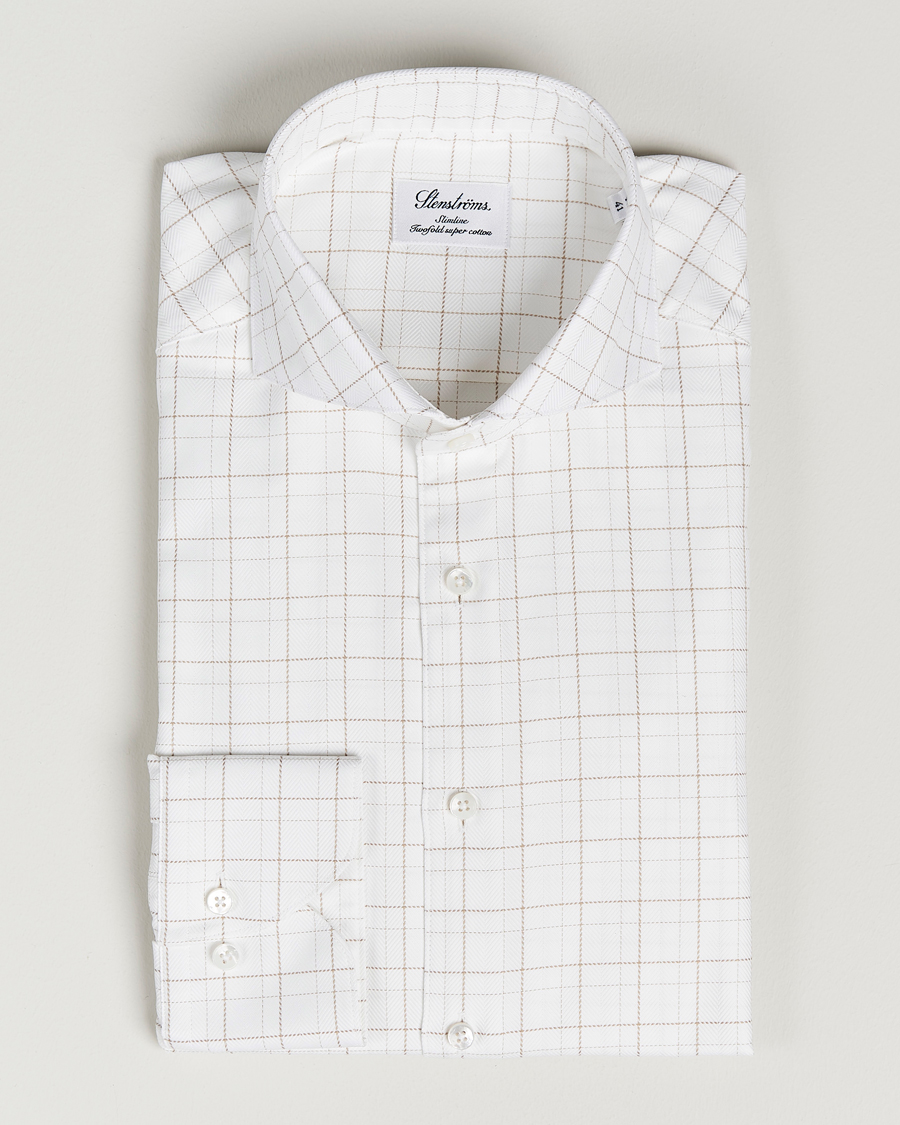 Men | Shirts | Stenströms | Slimline Cut Away Windowpane Shirt White/Beige
