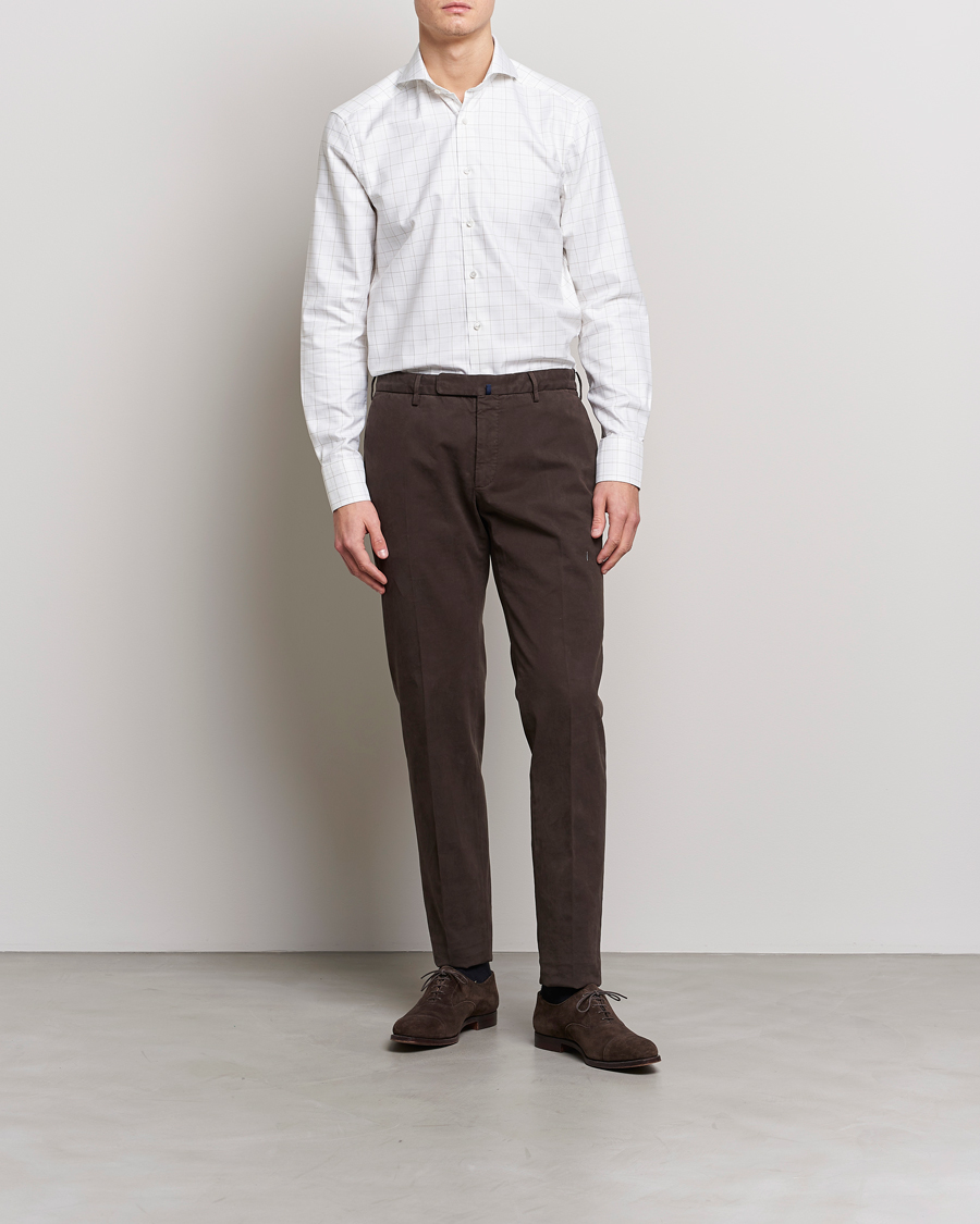 Men | Shirts | Stenströms | Slimline Cut Away Windowpane Shirt White/Beige