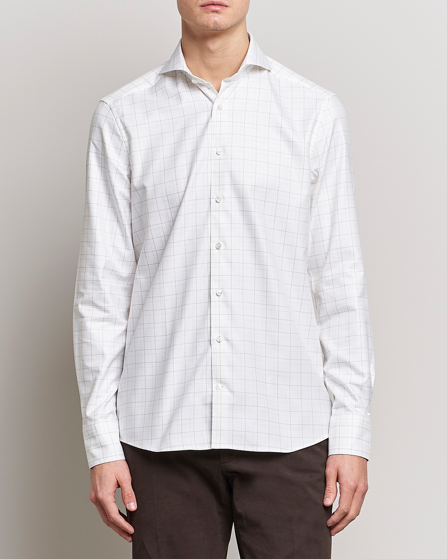 Men | Shirts | Stenströms | Slimline Cut Away Windowpane Shirt White/Beige