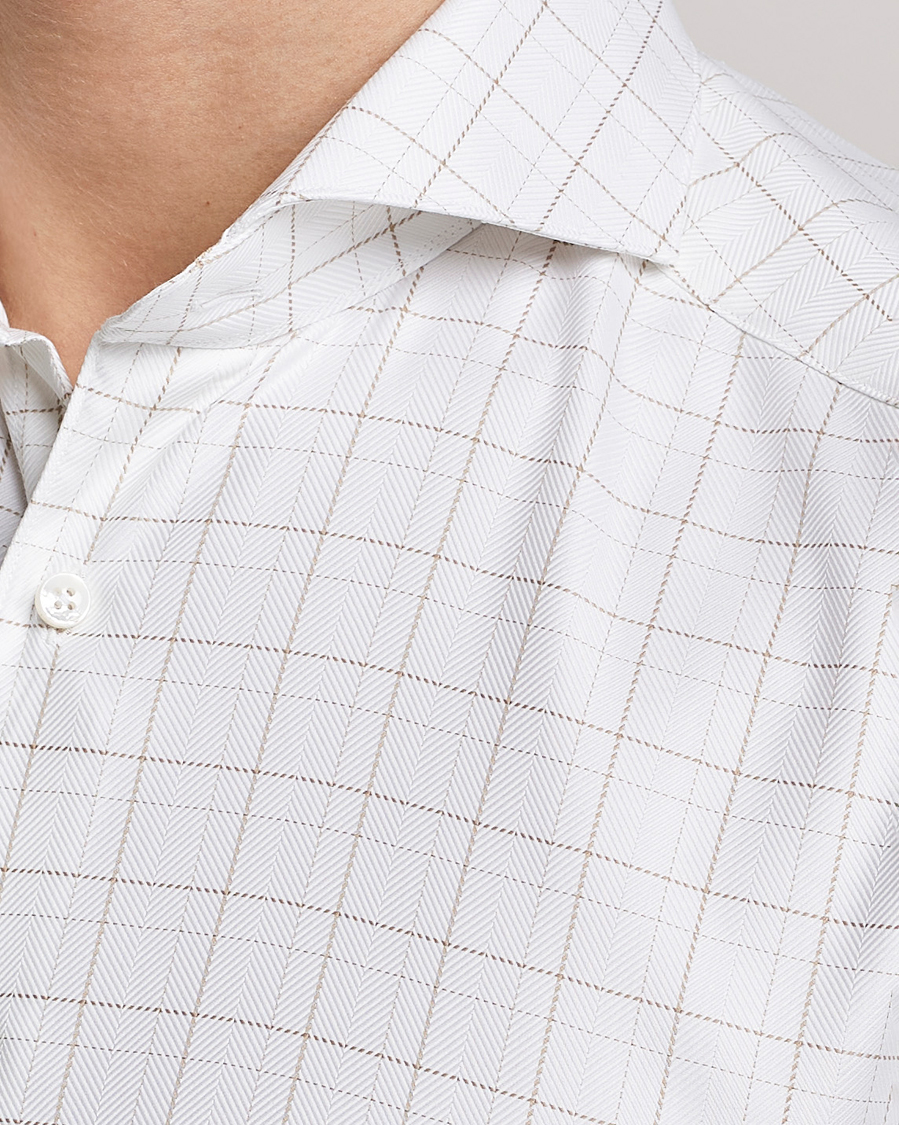 Men | Shirts | Stenströms | Slimline Cut Away Windowpane Shirt White/Beige