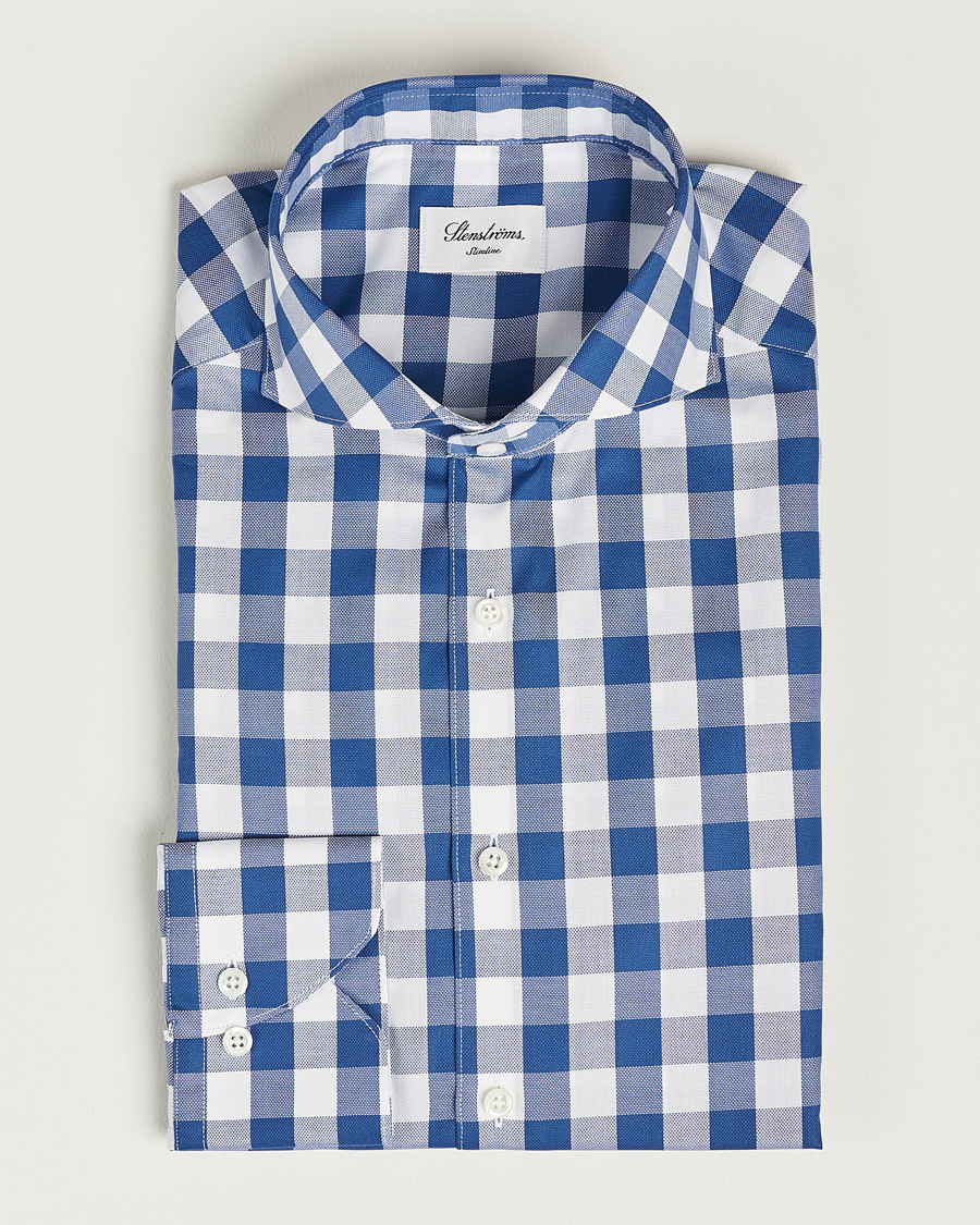 Men | Shirts | Stenströms | Slimline Cut Away Large Gingham Shirt Blue