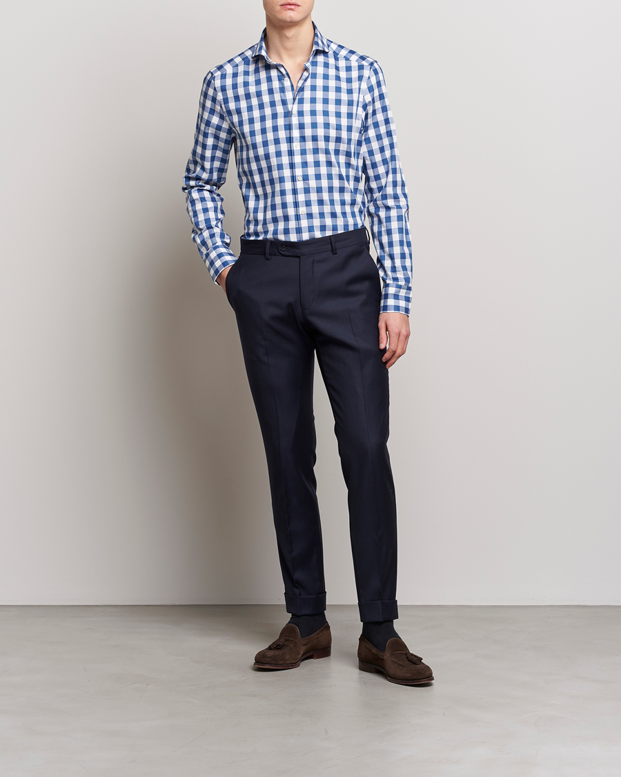 Men | Shirts | Stenströms | Slimline Cut Away Large Gingham Shirt Blue