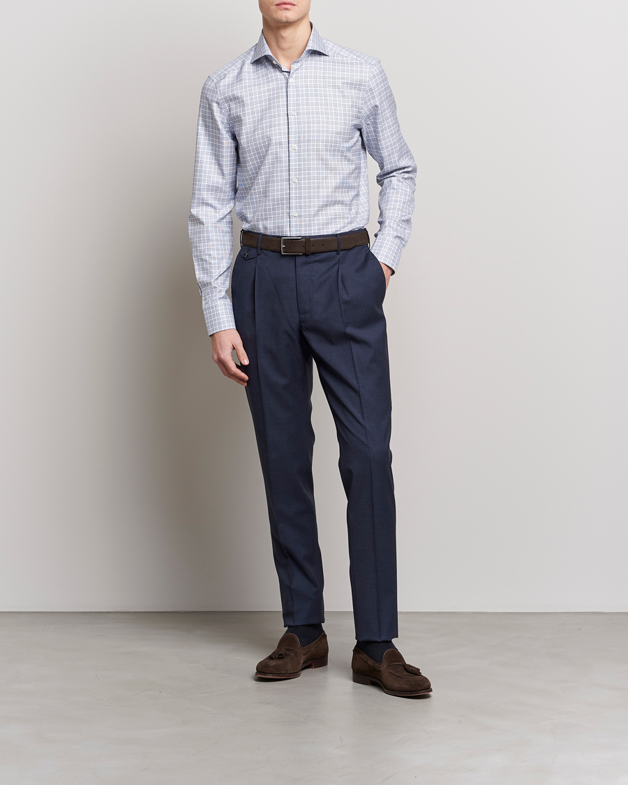 Men | Shirts | Stenströms | Slimline Cut Away Multicheck Shirt Blue