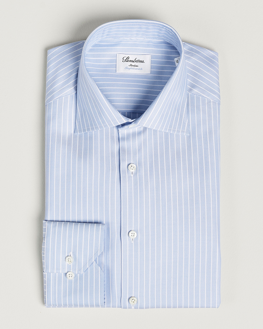 Men | Shirts | Stenströms | Slimline Cut Away Herringbone Striped Shirt Blue