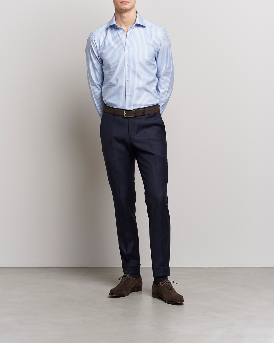 Men | Shirts | Stenströms | Slimline Cut Away Herringbone Striped Shirt Blue