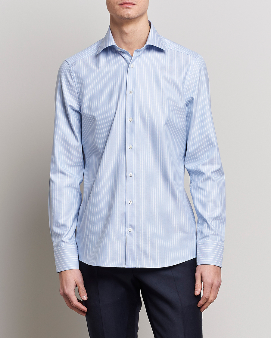 Men | Shirts | Stenströms | Slimline Cut Away Herringbone Striped Shirt Blue