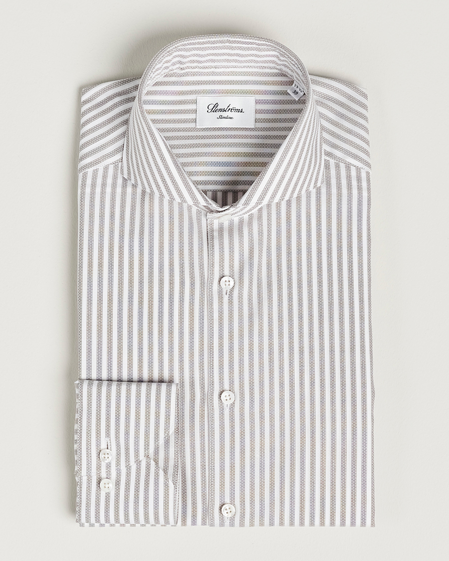 Men | Shirts | Stenströms | Slimline Cut Away Structure Striped Shirt Brown