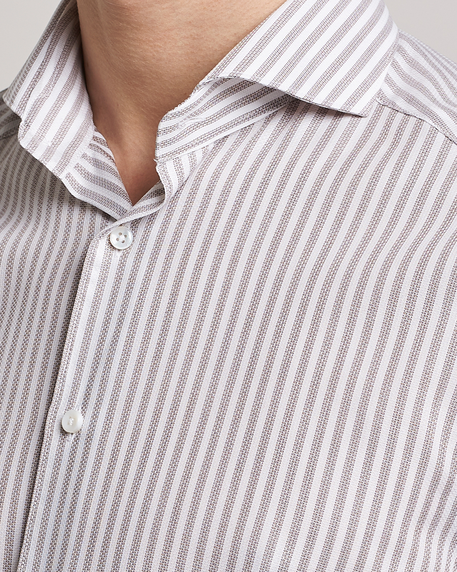 Men | Shirts | Stenströms | Slimline Cut Away Structure Striped Shirt Brown