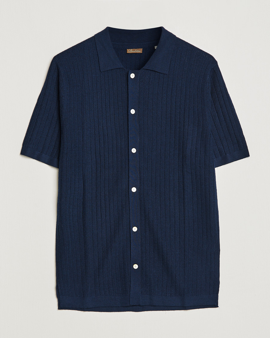 Men | Polo Shirts | Stenströms | Merino/Lyocell Ribbed Buttoned Polo Shirt Navy