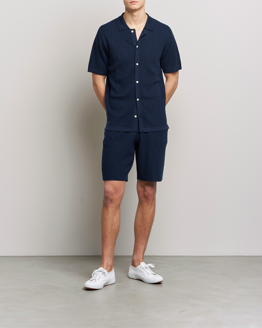 Men | Polo Shirts | Stenströms | Merino/Lyocell Ribbed Buttoned Polo Shirt Navy