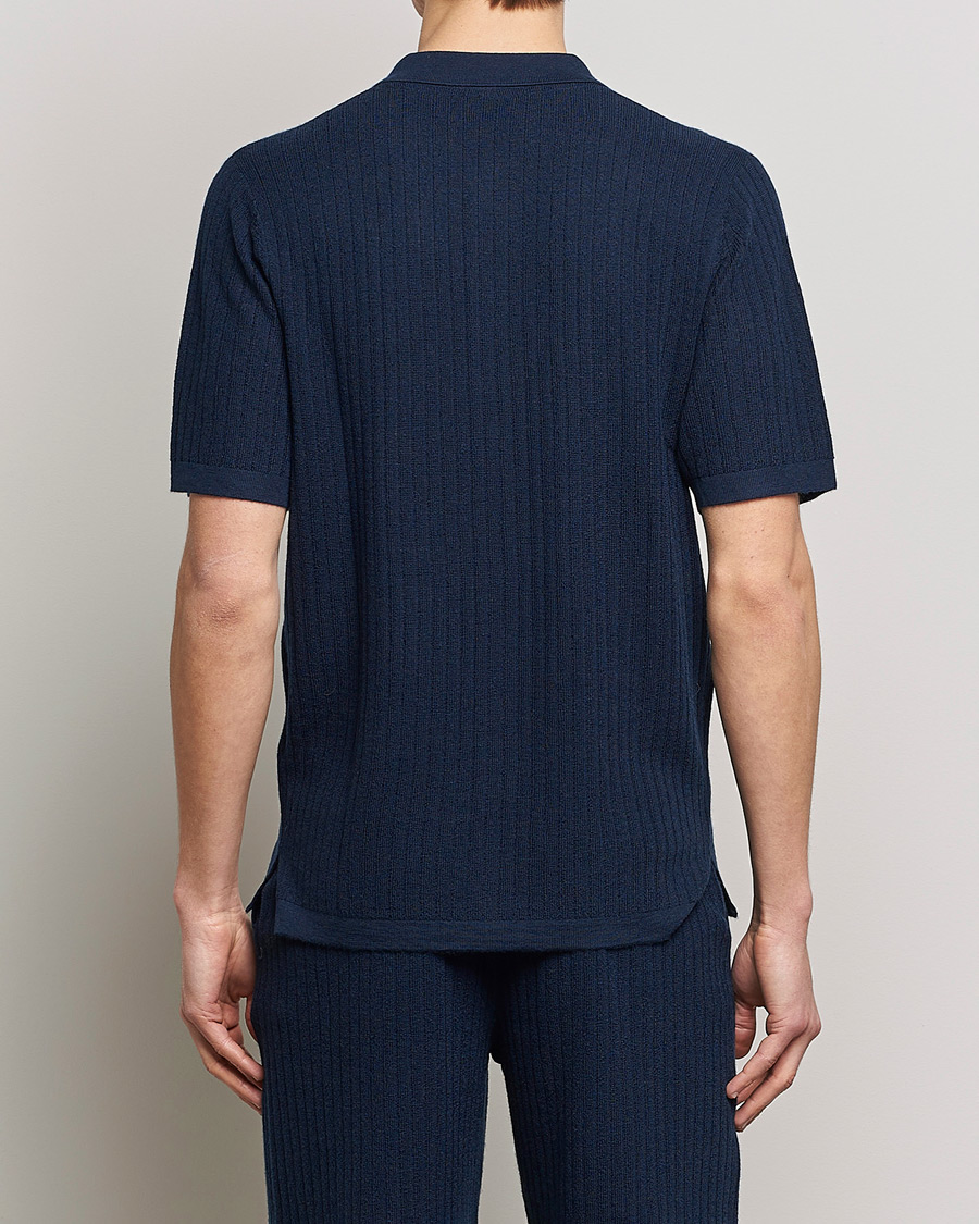 Men | Polo Shirts | Stenströms | Merino/Lyocell Ribbed Buttoned Polo Shirt Navy