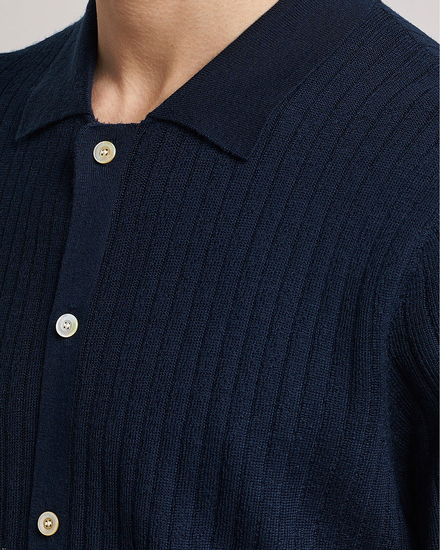 Men | Polo Shirts | Stenströms | Merino/Lyocell Ribbed Buttoned Polo Shirt Navy