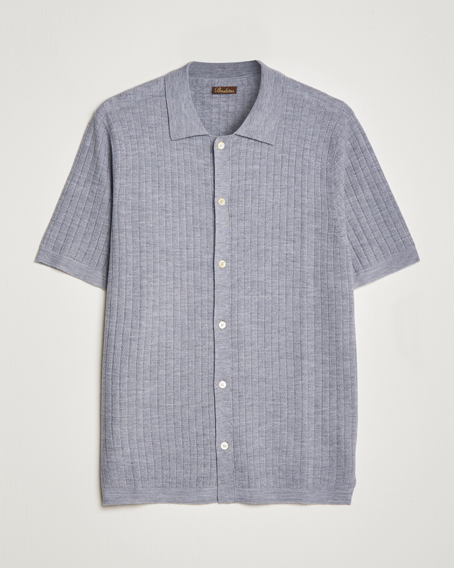 Men | Polo Shirts | Stenströms | Merino/Lyocell Ribbed Buttoned Polo Shirt Grey