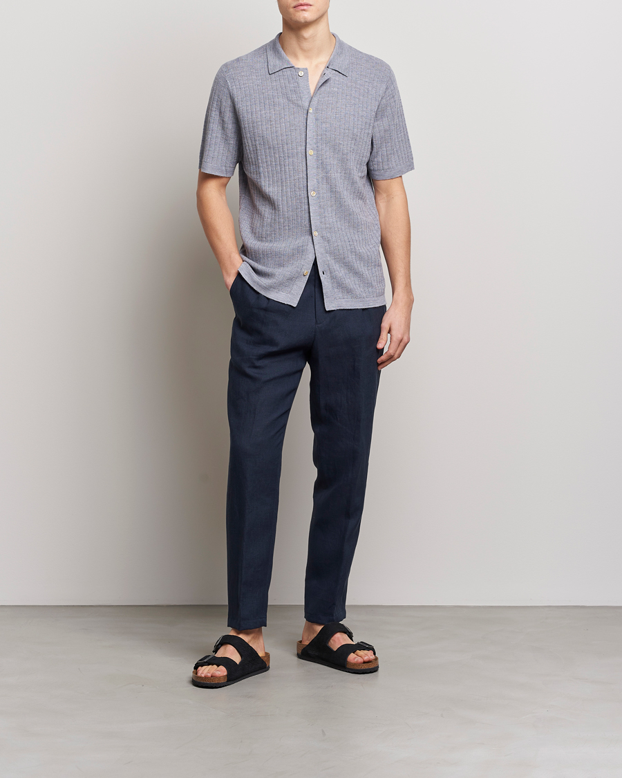 Men | Polo Shirts | Stenströms | Merino/Lyocell Ribbed Buttoned Polo Shirt Grey