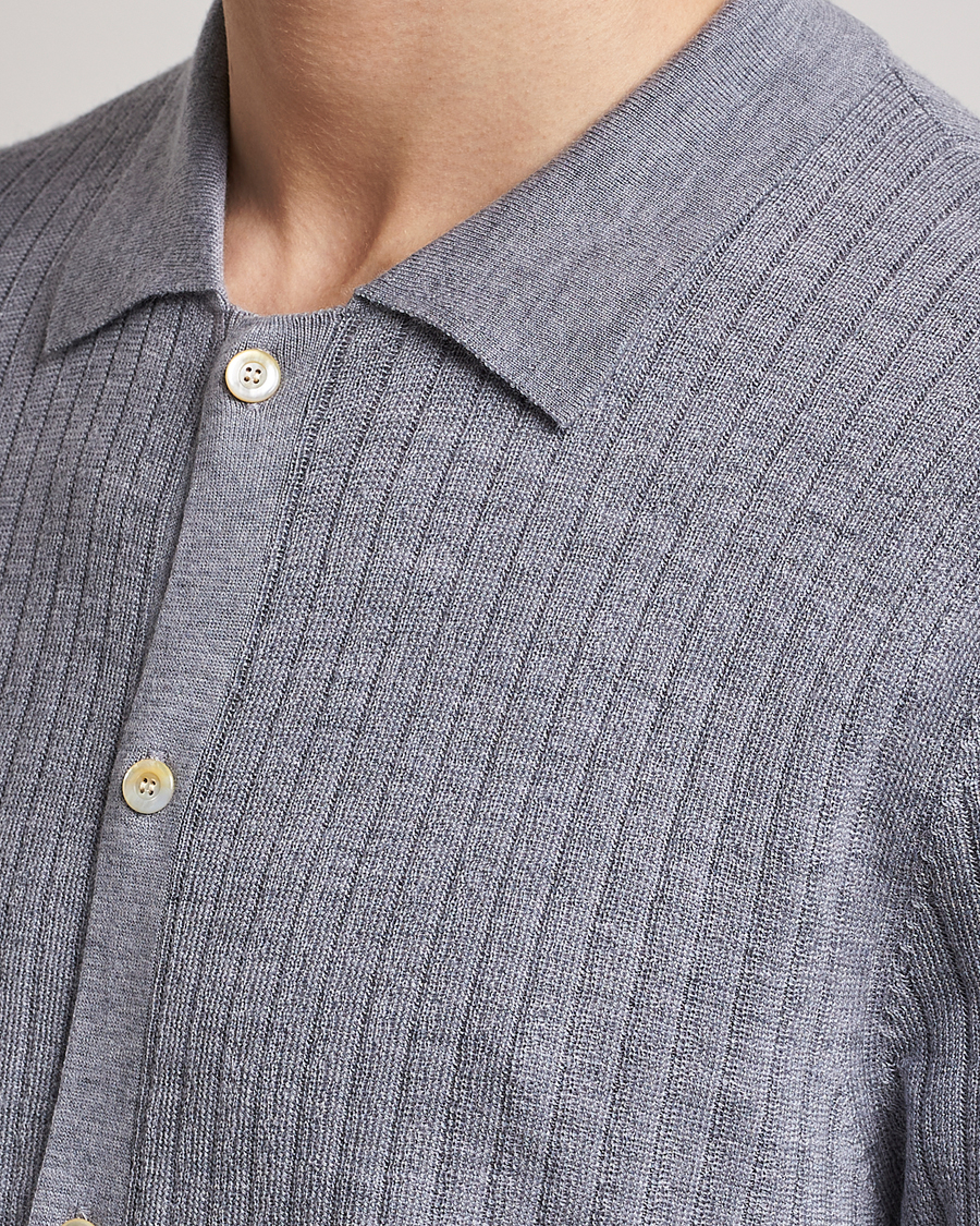 Men | Polo Shirts | Stenströms | Merino/Lyocell Ribbed Buttoned Polo Shirt Grey