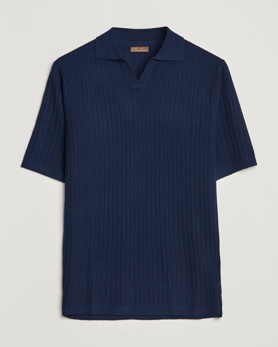 Men | Polo Shirts | Stenströms | Merino/Lyocell Ribbed Open Collar Polo Navy