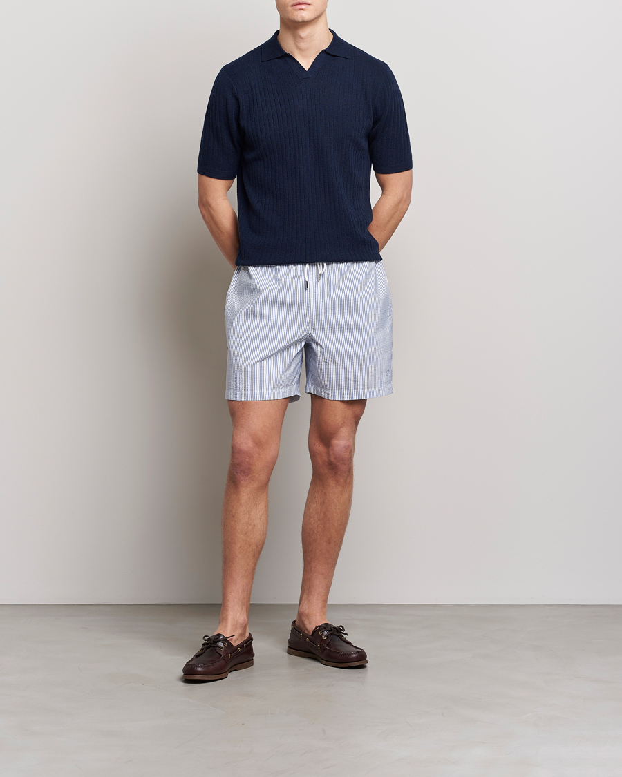 Men | Polo Shirts | Stenströms | Merino/Lyocell Ribbed Open Collar Polo Navy