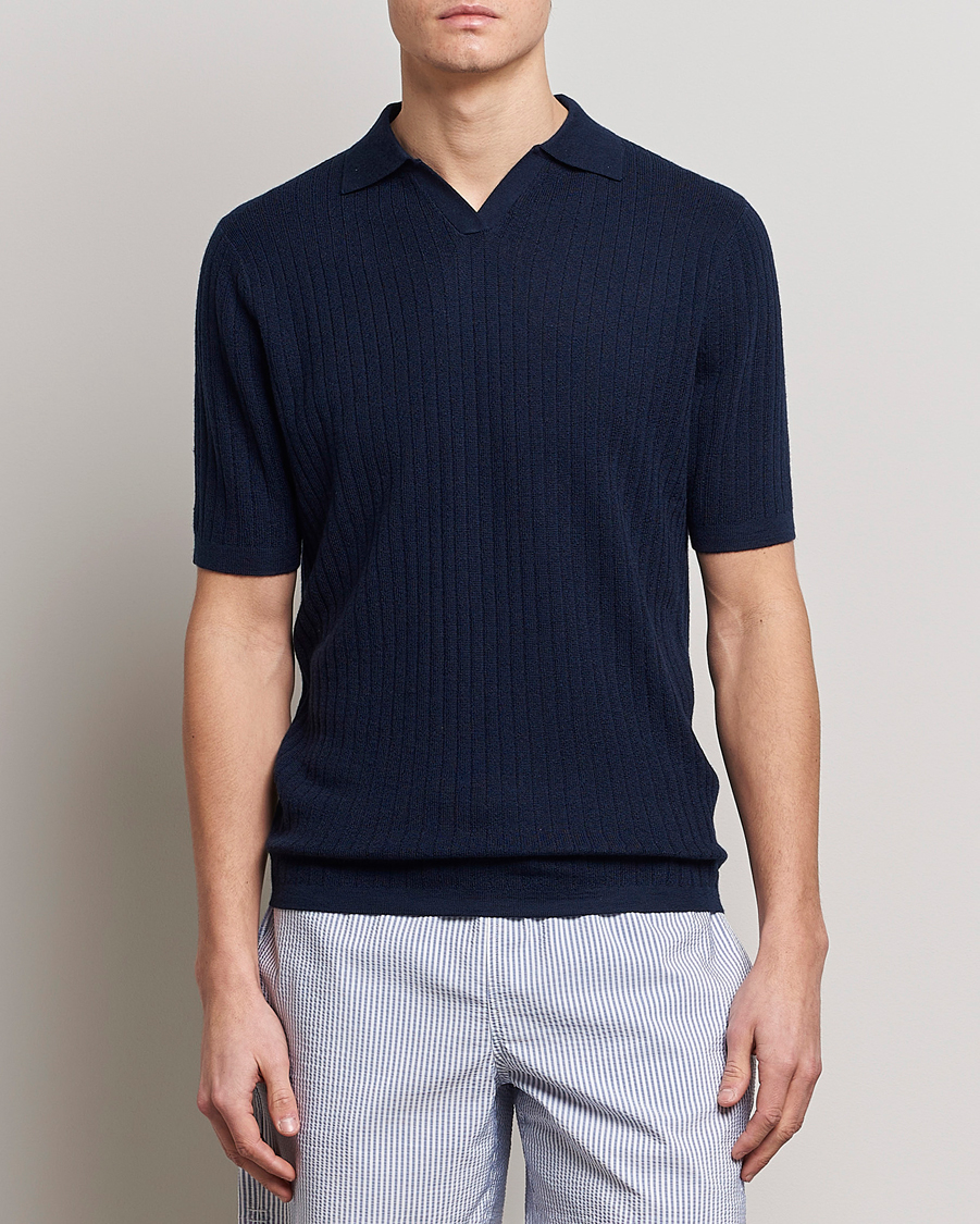 Men | Polo Shirts | Stenströms | Merino/Lyocell Ribbed Open Collar Polo Navy