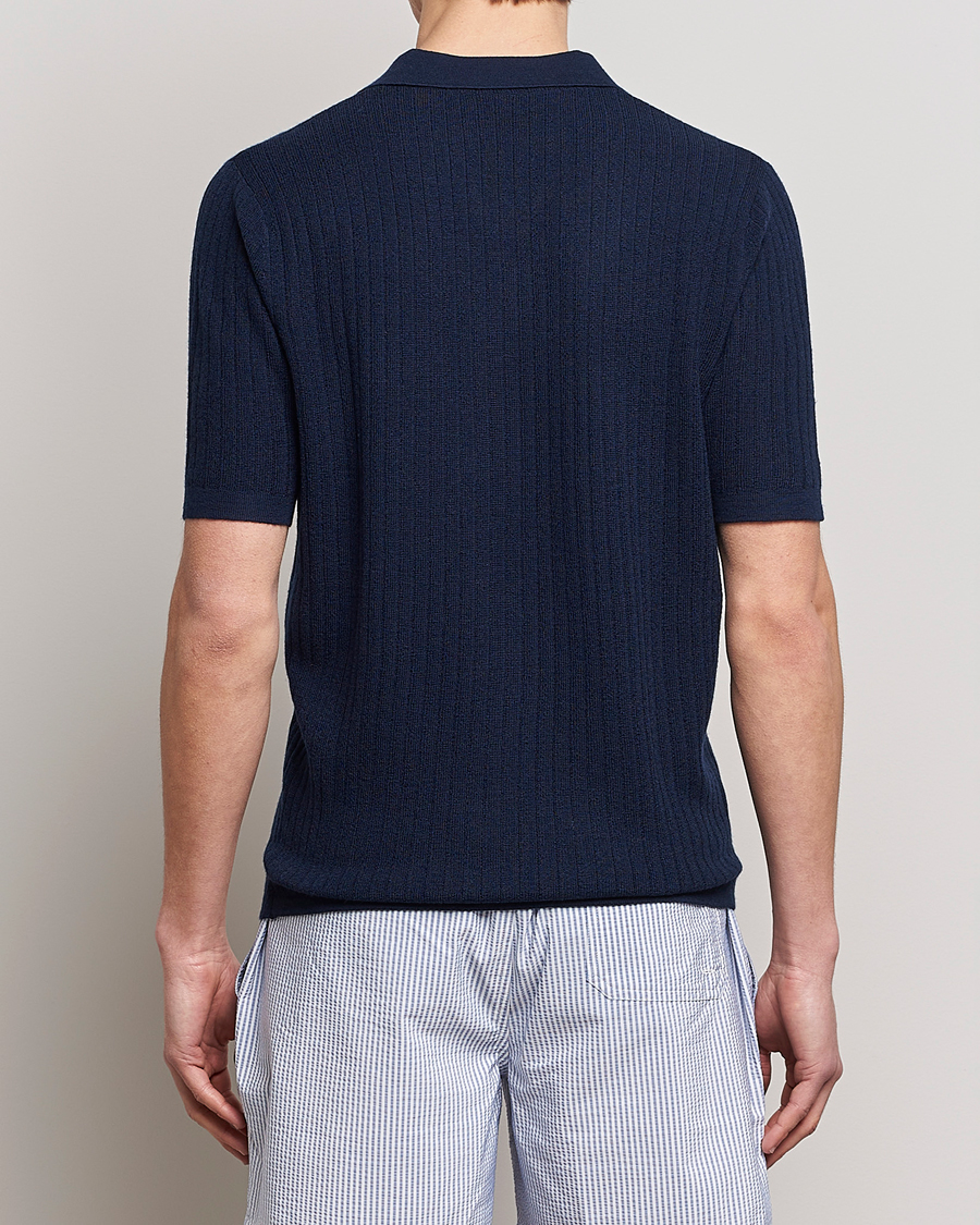 Men | Polo Shirts | Stenströms | Merino/Lyocell Ribbed Open Collar Polo Navy