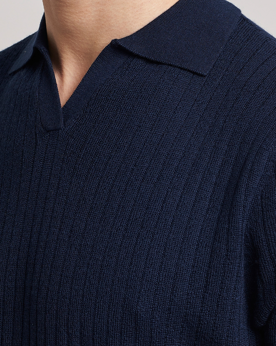 Men | Polo Shirts | Stenströms | Merino/Lyocell Ribbed Open Collar Polo Navy