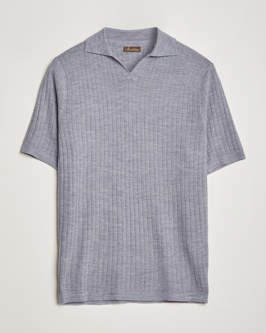 Men | Polo Shirts | Stenströms | Merino/Lyocell Ribbed Open Collar Polo Grey