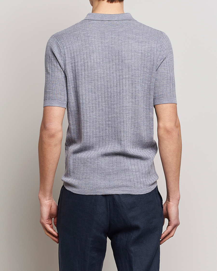 Men | Polo Shirts | Stenströms | Merino/Lyocell Ribbed Open Collar Polo Grey