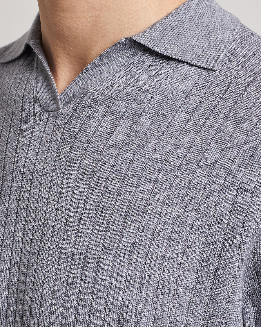 Men | Polo Shirts | Stenströms | Merino/Lyocell Ribbed Open Collar Polo Grey