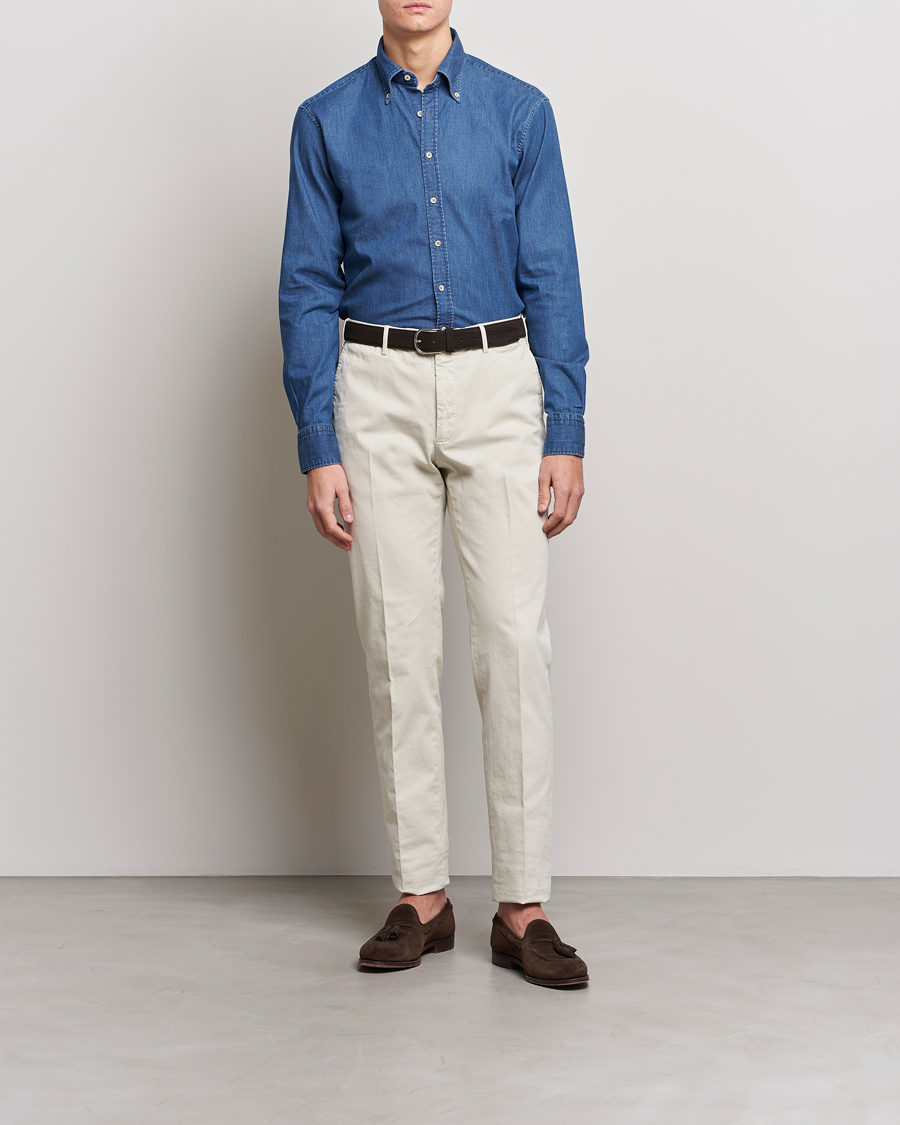Men | Business & Beyond | Stenströms | Fitted Body Button Down Garment Washed Shirt Mid Blue Denim