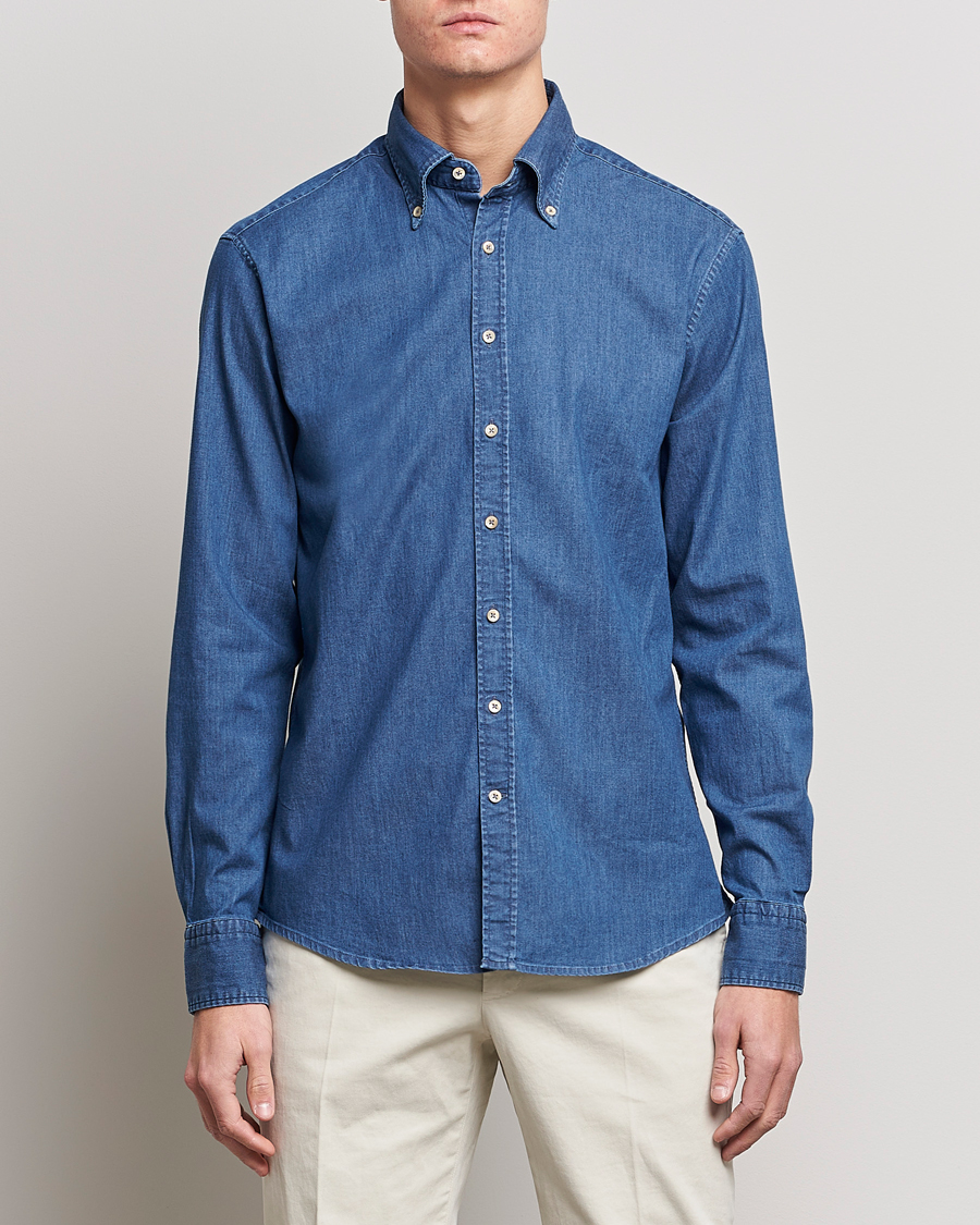 Men | Denim Shirts | Stenströms | Fitted Body Button Down Garment Washed Shirt Mid Blue Denim