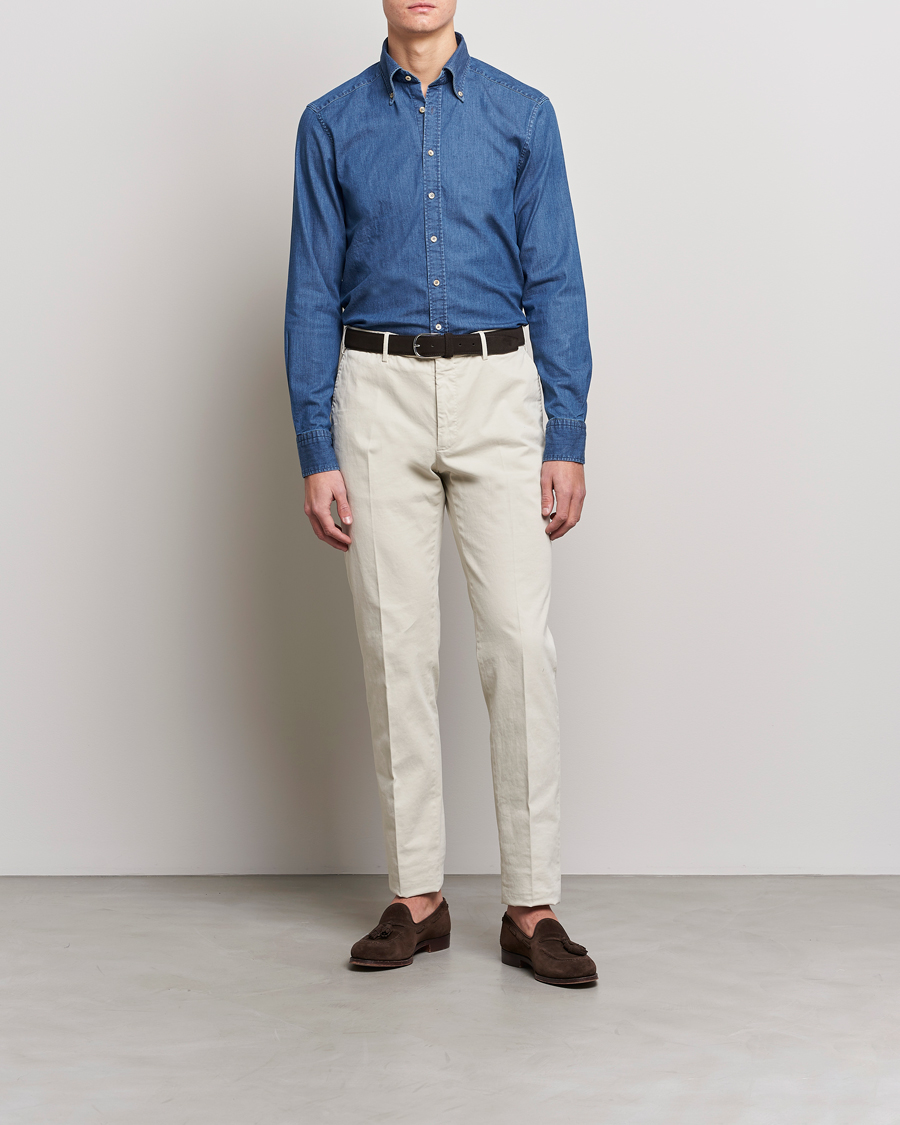 Men | Shirts | Stenströms | Slimline Button Down Garment Washed Shirt Mid Blue Denim