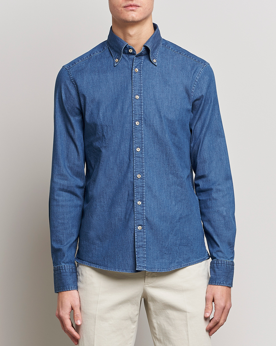 Men | Denim Shirts | Stenströms | Slimline Button Down Garment Washed Shirt Mid Blue Denim