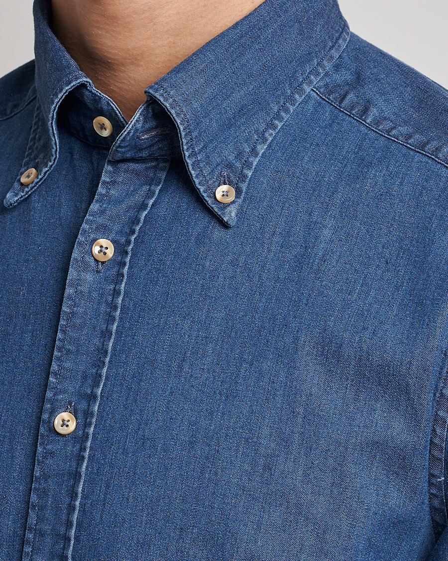 Men | Shirts | Stenströms | Slimline Button Down Garment Washed Shirt Mid Blue Denim