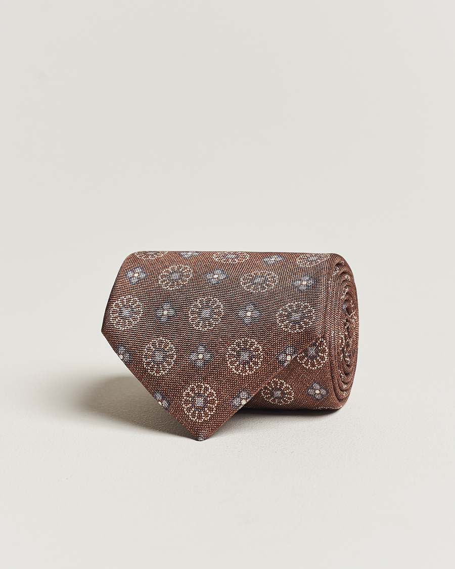 Men | Stenströms Flower Printed Silk Tie Brown | Stenströms | Flower Printed Silk Tie Brown