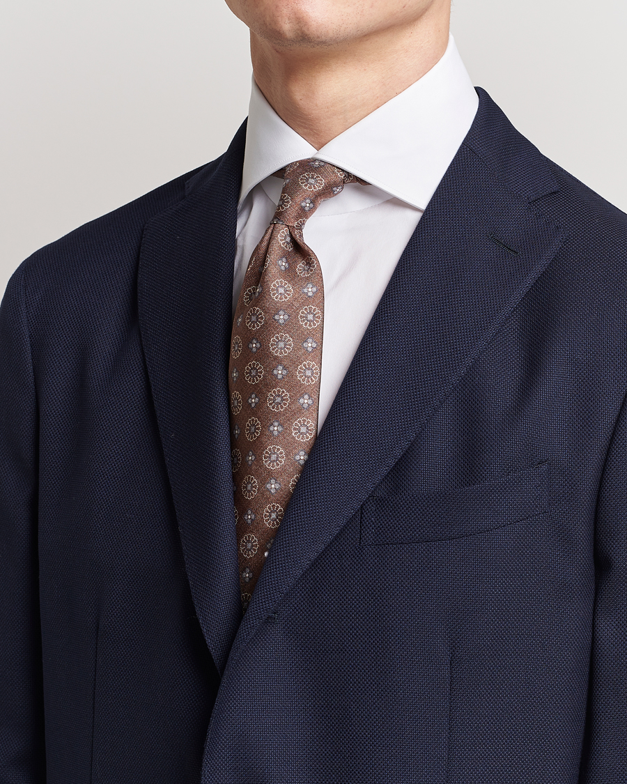 Men | Stenströms Flower Printed Silk Tie Brown | Stenströms | Flower Printed Silk Tie Brown