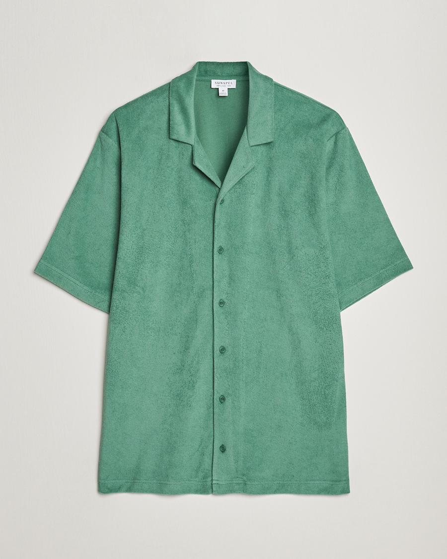 Men | Short Sleeve Shirts | Sunspel | Towelling Camp Collar Shirt Thyme Green