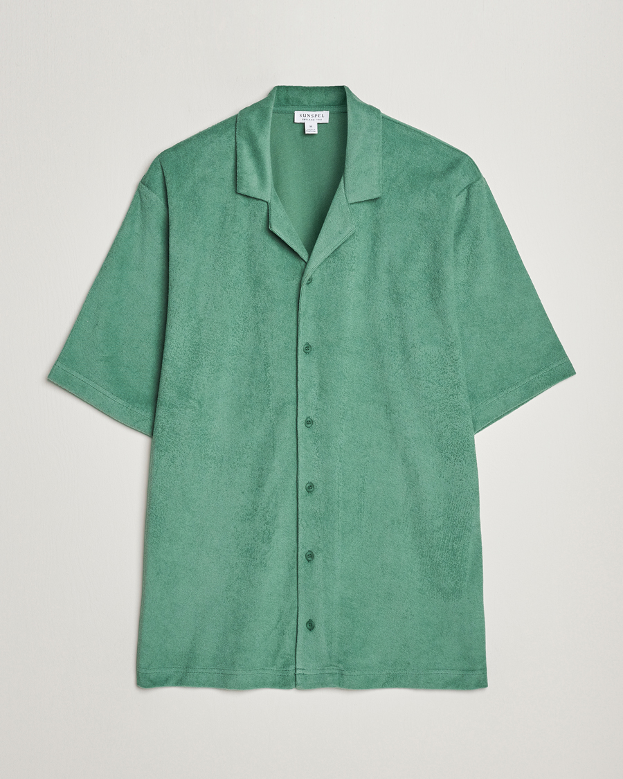 Men | Shirts | Sunspel | Towelling Camp Collar Shirt Thyme Green
