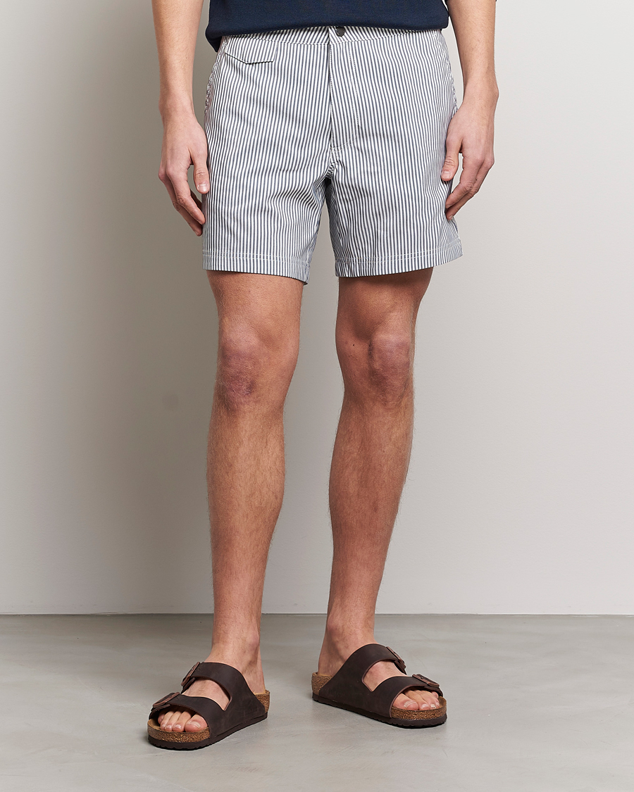 Men | Care of Carl Exclusives | Sunspel | Striped Tailored Swimshorts Navy/White