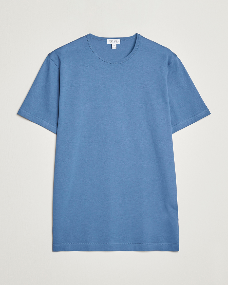 Men | T-Shirts | Sunspel | Crew Neck Cotton Tee Blue Stone