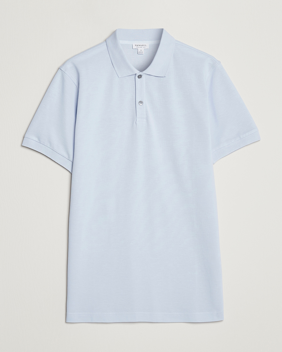 Men | Polo Shirts | Sunspel | Short Sleeve Pique Polo Pastel Blue