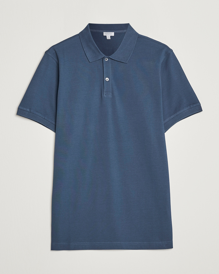 Men | Polo Shirts | Sunspel | Short Sleeve Pique Polo Shale Blue