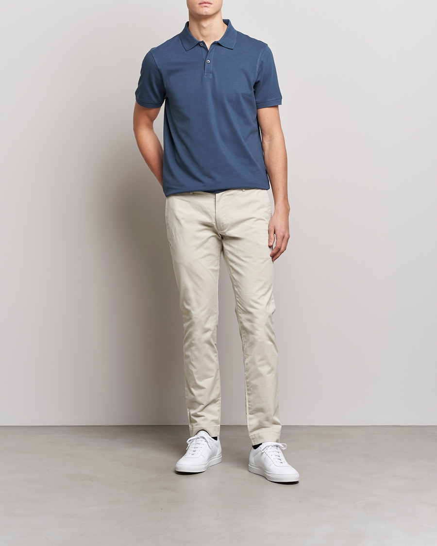 Men | Polo Shirts | Sunspel | Short Sleeve Pique Polo Shale Blue