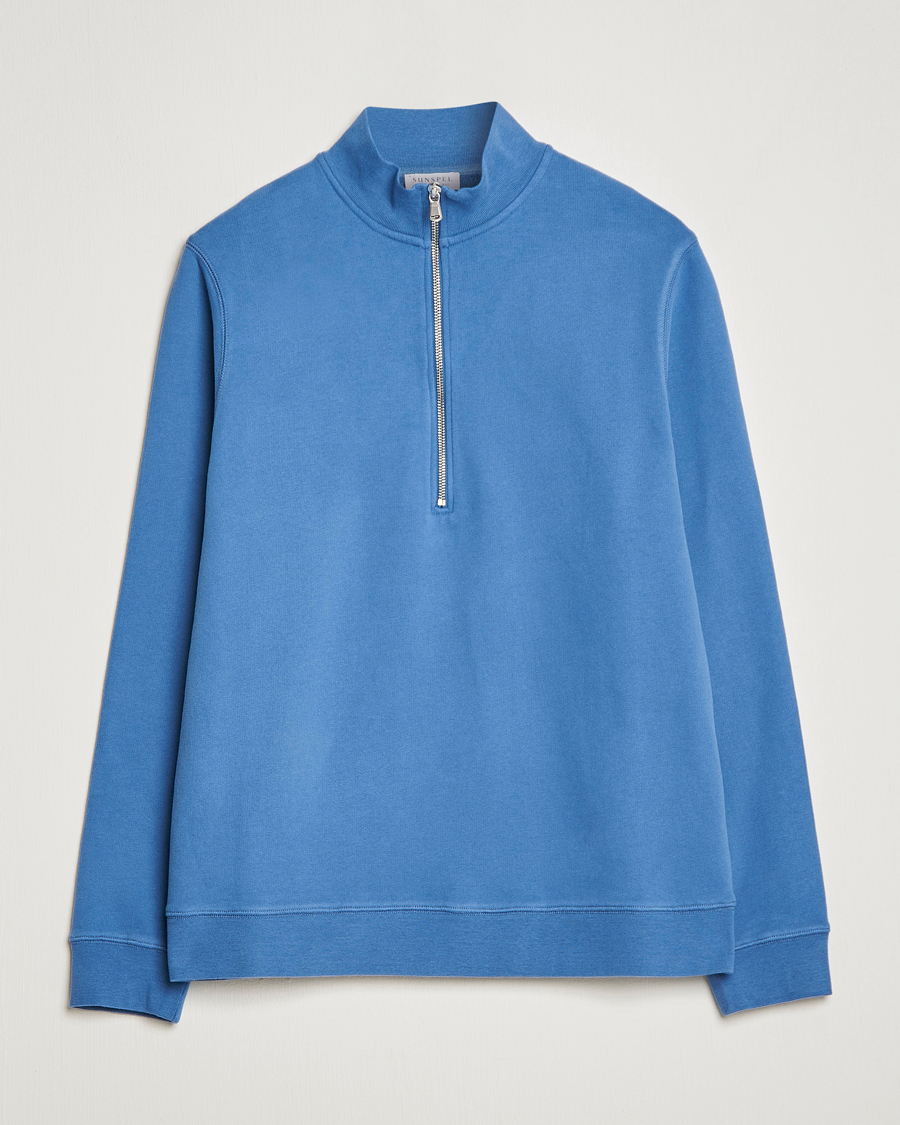 Men | Sweaters & Knitwear | Sunspel | Loopback Half Zip Sweatshirt Blue Stone