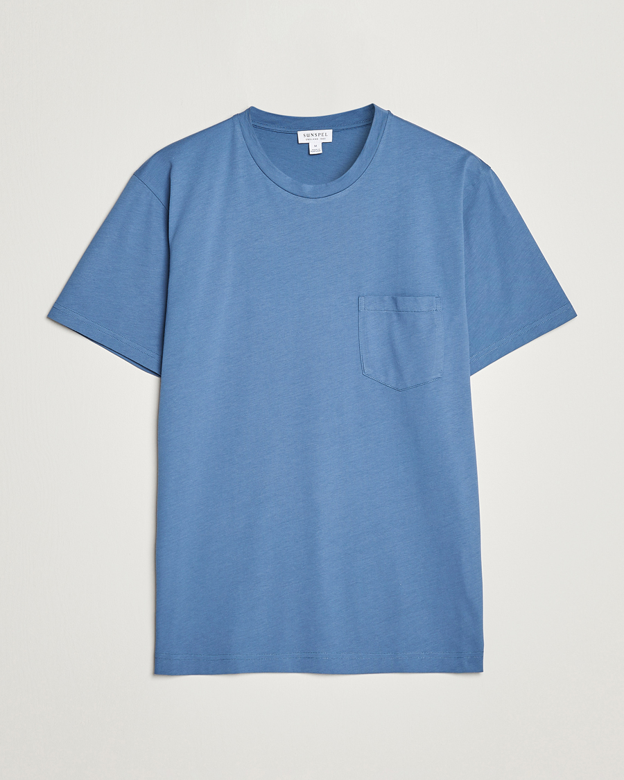 Men |  | Sunspel | Riviera Pocket Crew Neck T-Shirt Blue Stone