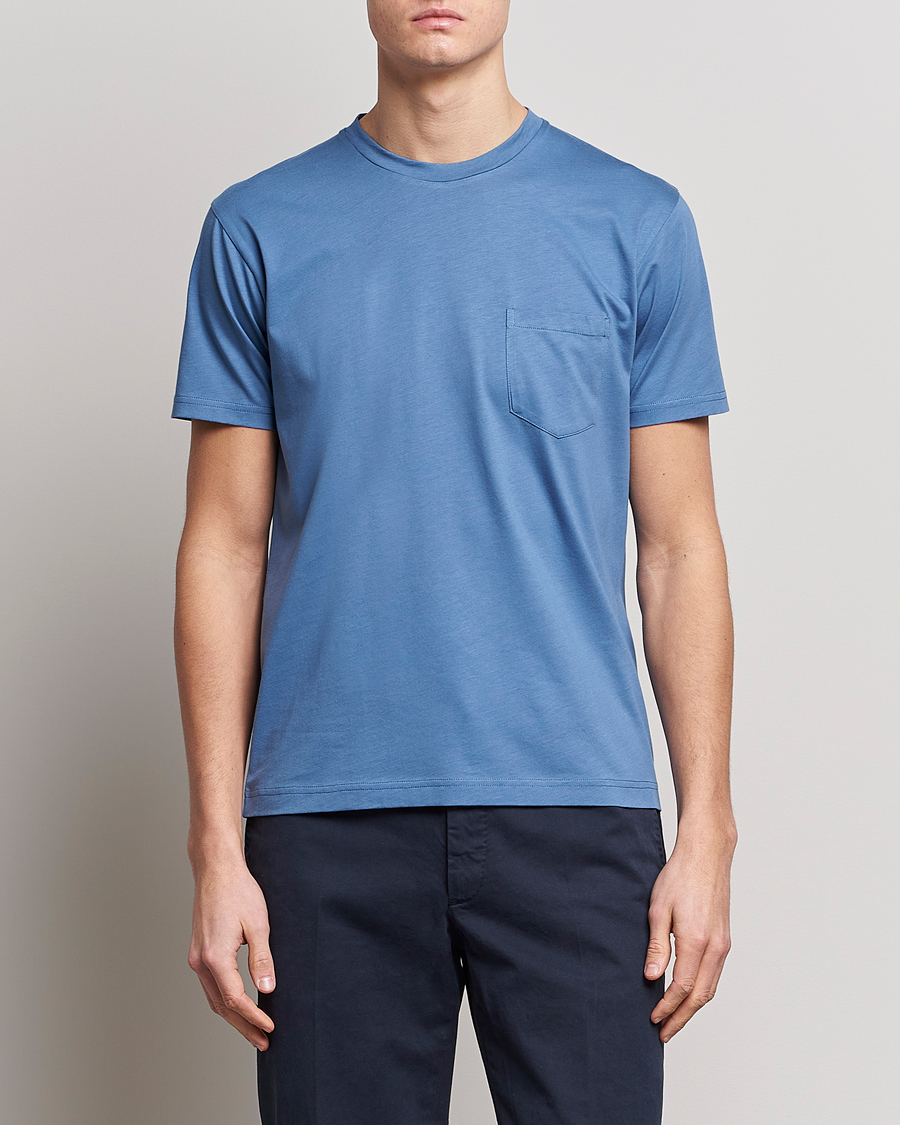 Men | T-Shirts | Sunspel | Riviera Pocket Crew Neck T-Shirt Blue Stone